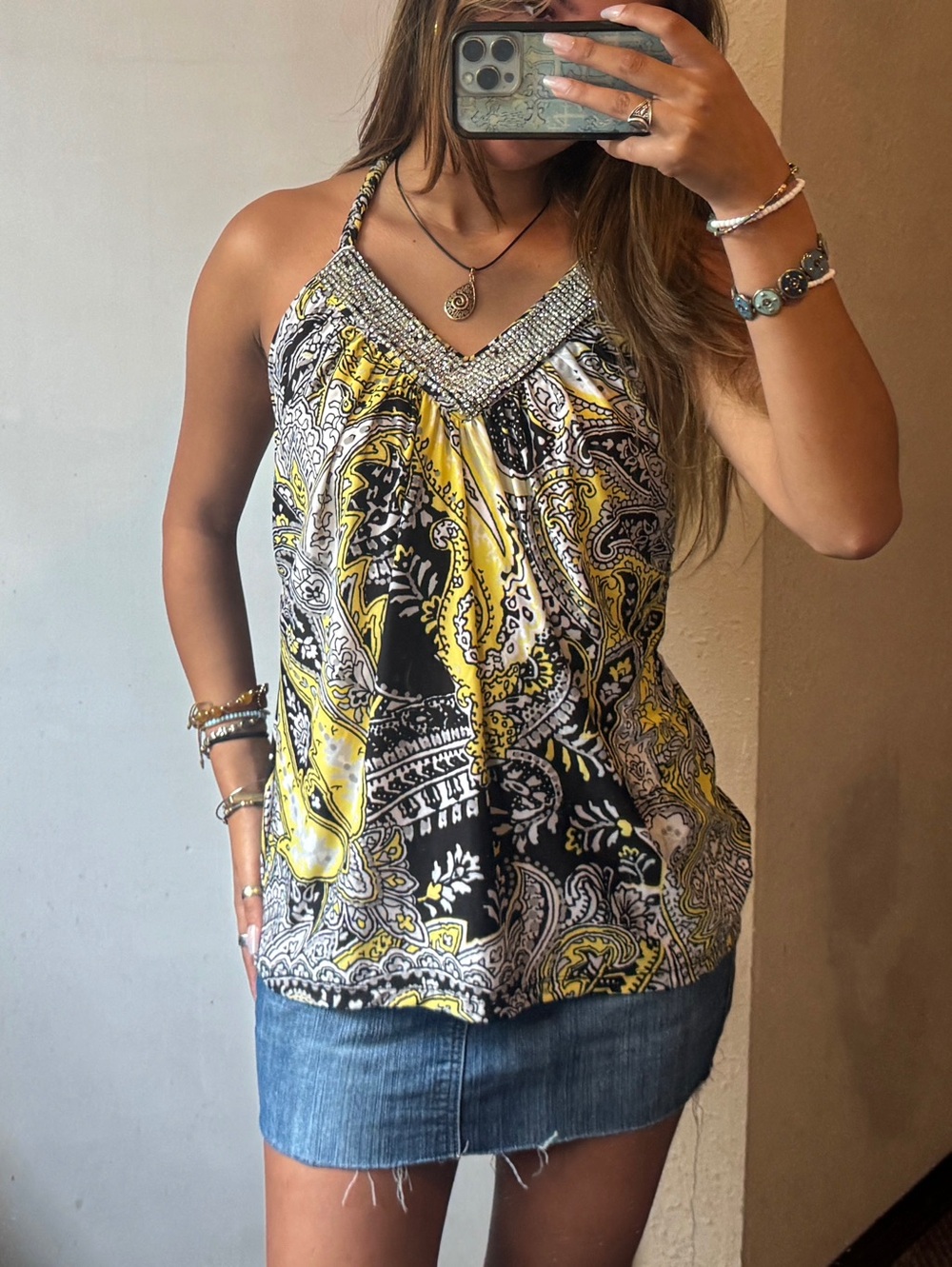 Y2K INC internationa paisley halter top with rhinestones
